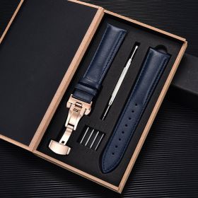 Unisex Double-sided Head Layer Cowhide Buckle Type Leather Watch Strap Bow Buckle Premium Needle Pattern (Option: Blue-Rose gold-22mm)