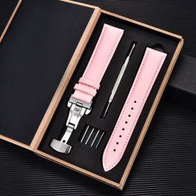Unisex Double-sided Head Layer Cowhide Buckle Type Leather Watch Strap Bow Buckle Premium Needle Pattern (Option: Pink-Silver-22mm)