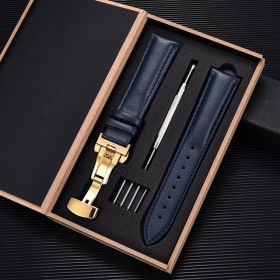 Unisex Double-sided Head Layer Cowhide Buckle Type Leather Watch Strap Bow Buckle Premium Needle Pattern (Option: Blue-Gold-22mm)