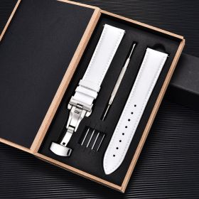 Unisex Double-sided Head Layer Cowhide Buckle Type Leather Watch Strap Bow Buckle Premium Needle Pattern (Option: White-Silver-22mm)