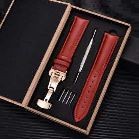 Unisex Double-sided Head Layer Cowhide Buckle Type Leather Watch Strap Bow Buckle Premium Needle Pattern (Option: Red-Rose gold-22mm)